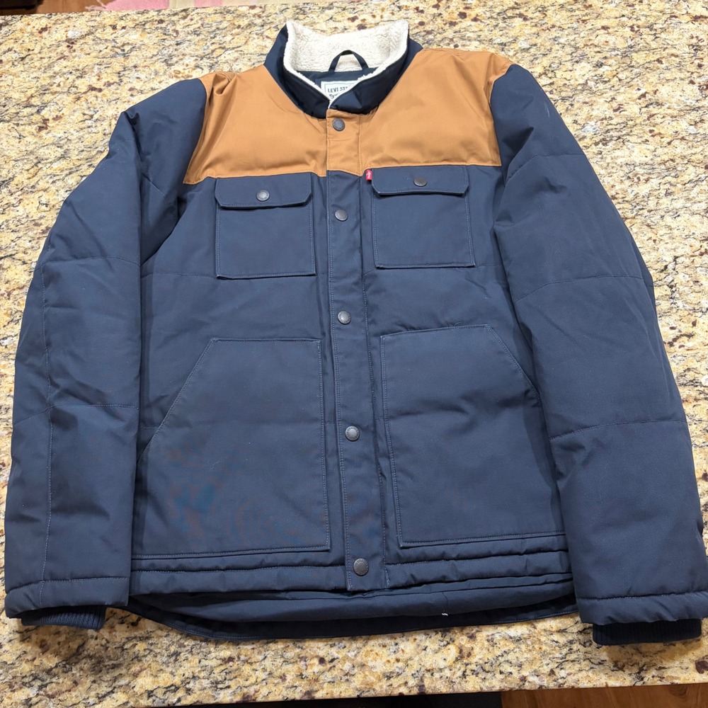 Levi Strauss Mens Navy Brown Sherpa Collar Quilted Puffer Jacket Large ws
